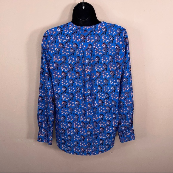 XS J Crew Blue Long Sleeve Blouse Vneck Red White Floral Boho Bohemian Colorful - Picture 6 of 13